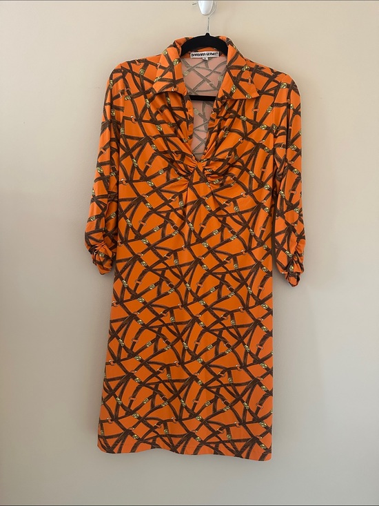 barbara gerwit Dresses & Skirts - Barbara Gerwit Orange Equestrian Belt Printed V-Neck Dress Sz Small Fall Chic